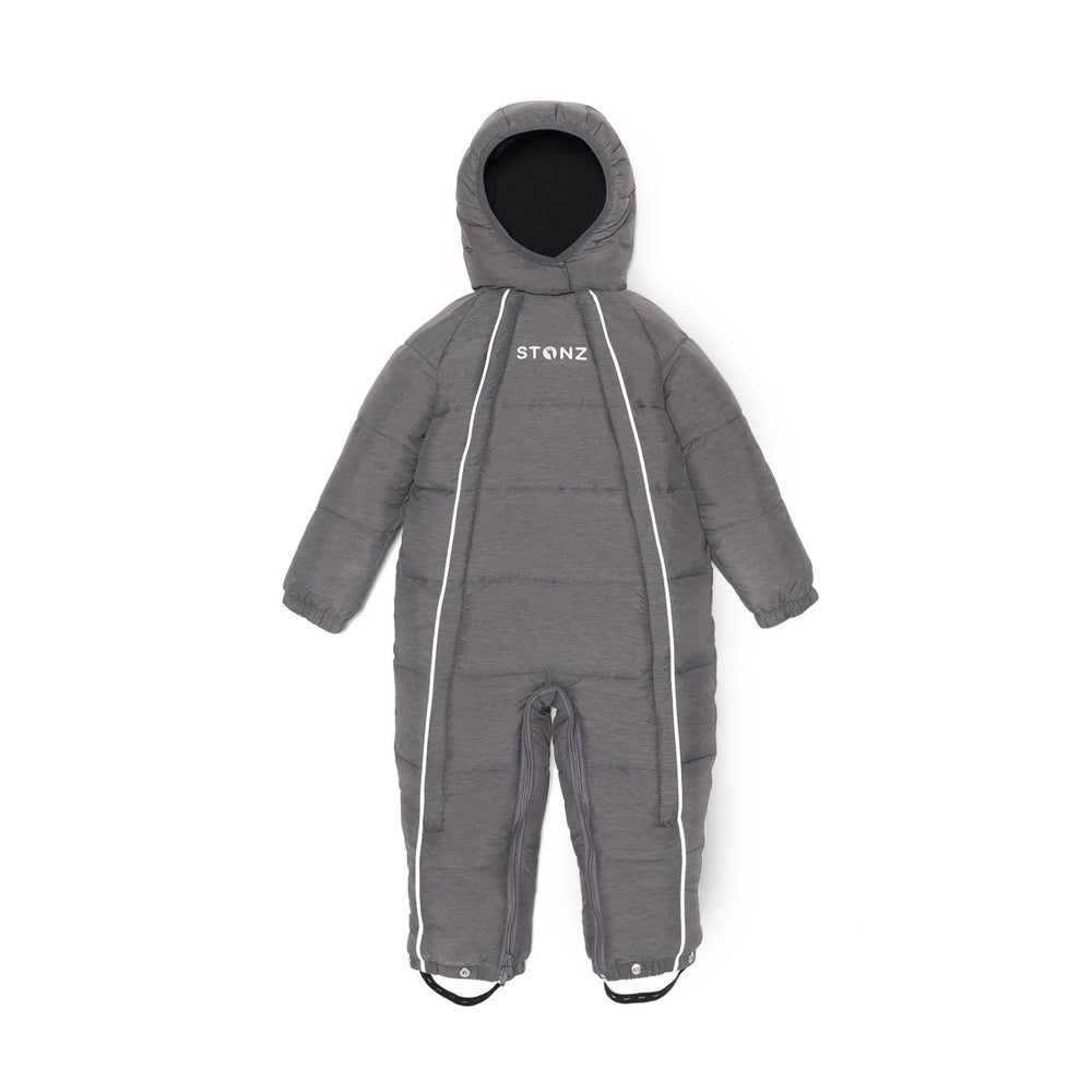 Stonz Versatile 2-In-1 Snowsuit And Bunting Bag Heather Grey; hooded, insulated one-piece with white piping, laid flat.