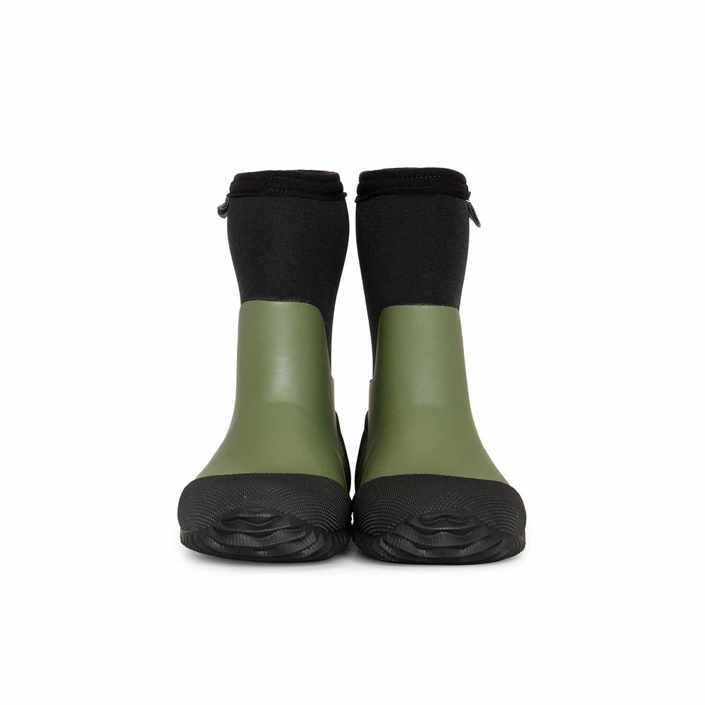 Stonz West Evergreen boots, a pair in olive-green rubber with black knit cuffs, standing upright on white background.