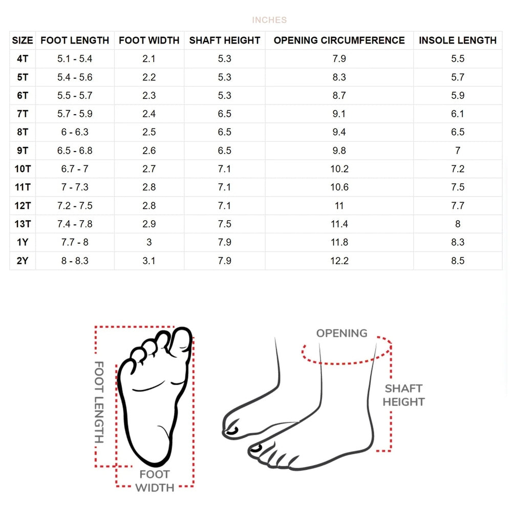 Stonz West Evergreen kids' boots beside a size chart and foot-length/width diagrams.