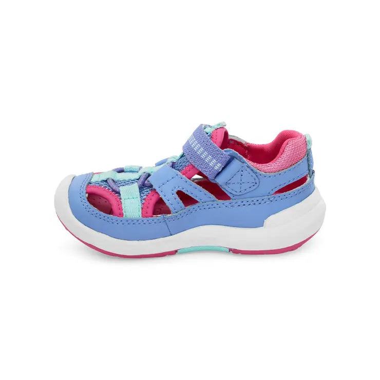 Stride Rite Strech Wade Sneaker Sandal for little kids in periwinkle with pink lining, Velcro straps secured.