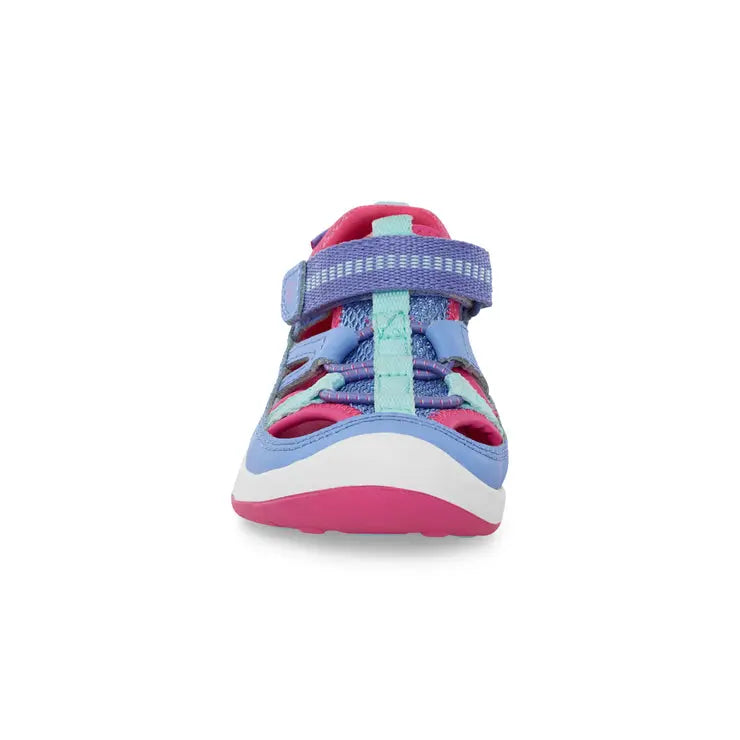 Stride Rite Stretch Wade Sneaker Sandal for little kids in periwinkle; pink outsole and aqua straps with Velcro fastened.