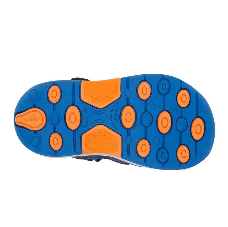 Stride Rite Wade Shoes Grey Multi, blue outsole with orange traction pods, showing grippy tread.
