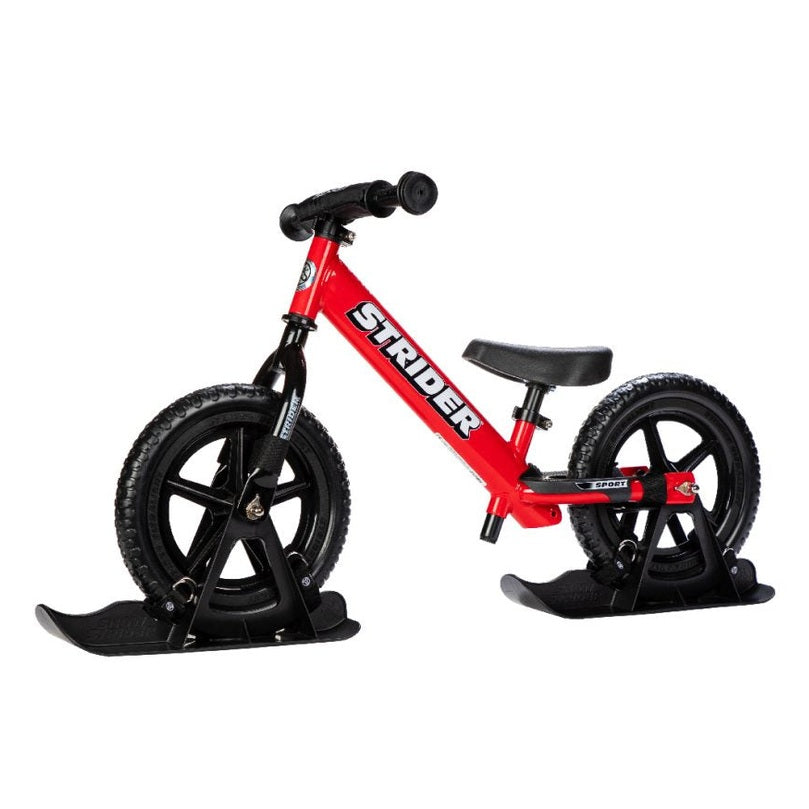 Strider 12 Snow Skis set: red balance bike with black ski attachments, STRIDER brand