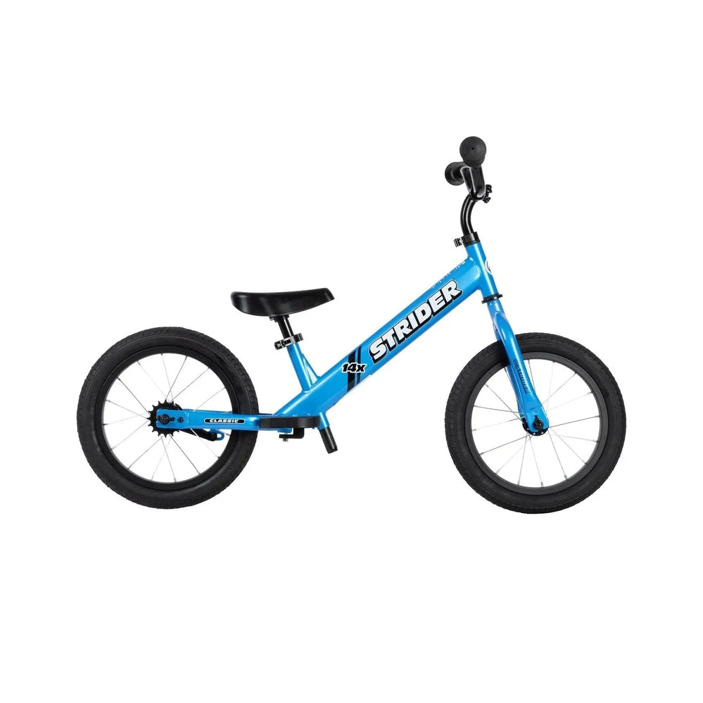 Strider 14X Classic Balance Bike in blue with black saddle and grips, shown ready for a young rider on a white background.