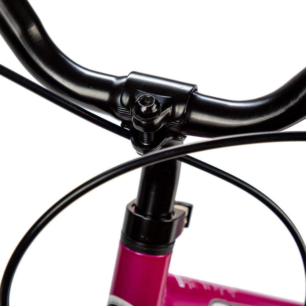 Strider 14X Sport Balance Bike from the front, pink frame and black handlebars.