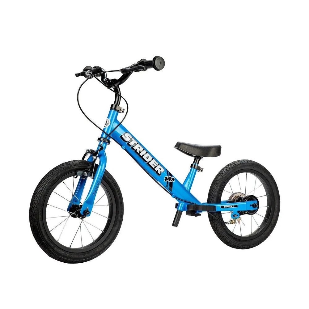 STRIDER 14X Sport balance bike in blue with black tires and handlebars, ready for balance training.