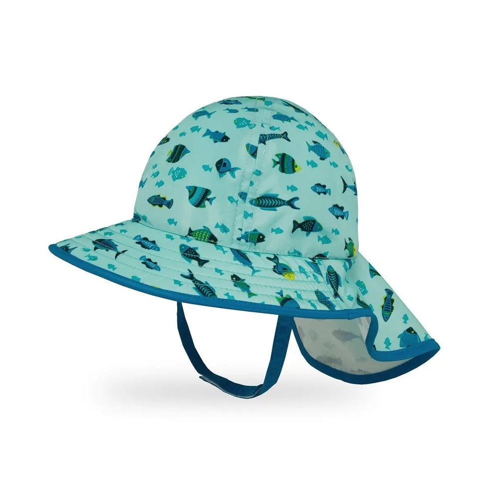 Sunday Afternoons Infant Sunsprout Hat in aqua fish print with wide brim and under-chin strap.