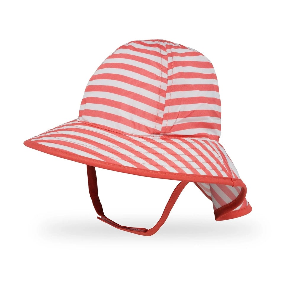 Sunday Afternoons Infant Sunsprout Hat in pink and white stripes with a red chin strap fastened.