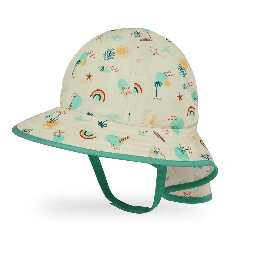 Sunday Afternoons Infant Sunsprout Hat in cream with teal brim and chin strap, featuring sun, rainbow, and palm print.