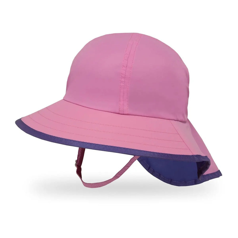 Sunday Afternoons Kids’ Play Hat in pink with purple brim, chin strap fastened under chin.