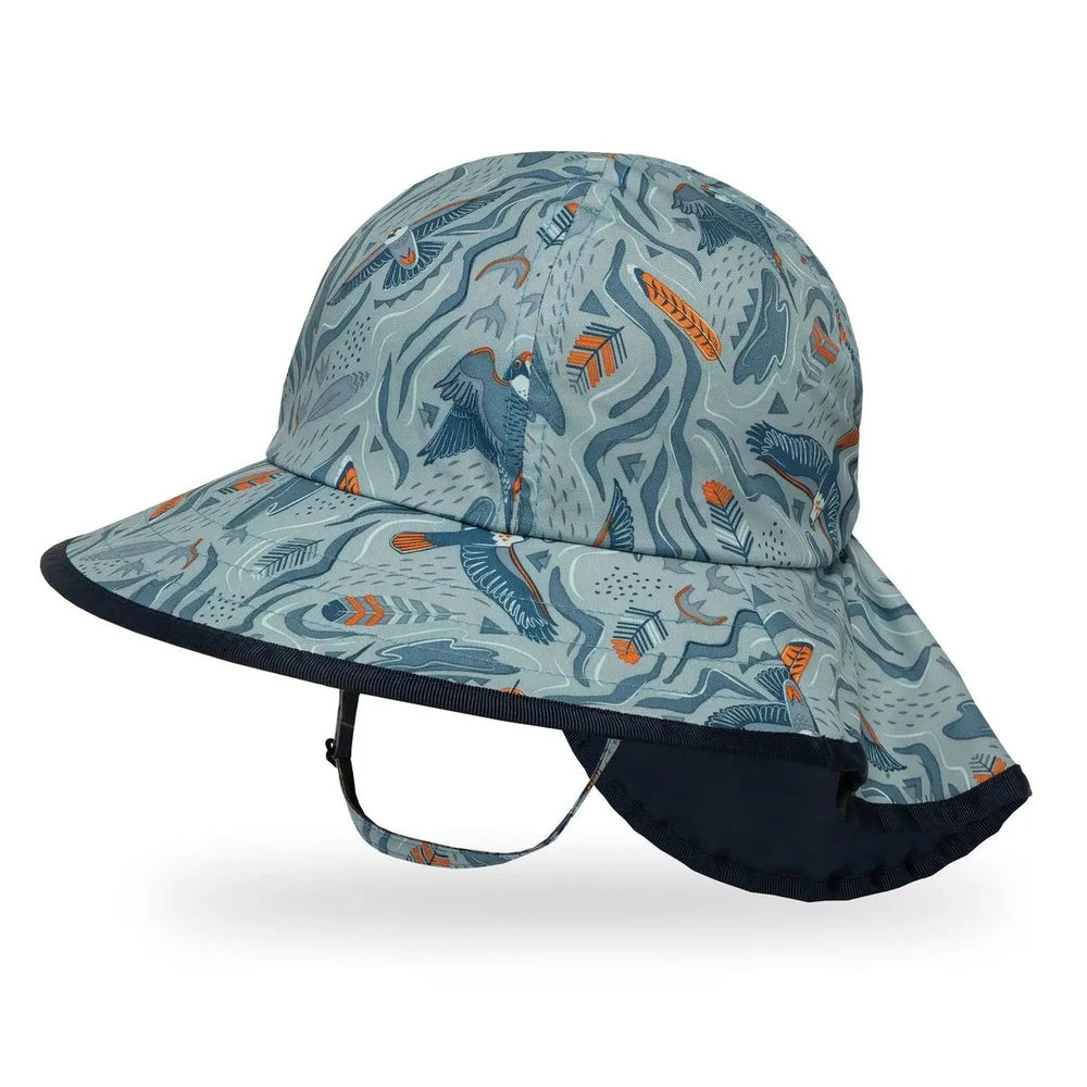Sunday Afternoons Kids’ Play Hat in blue patterned fabric with orange accents, wide brim and chin strap