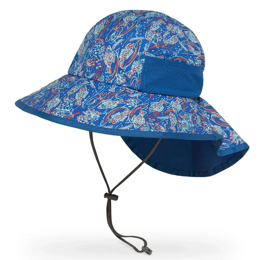 Sunday Afternoons Kids’ Play Hat in blue pattern with wide brim; mesh back and adjustable chin strap fastened under chin.