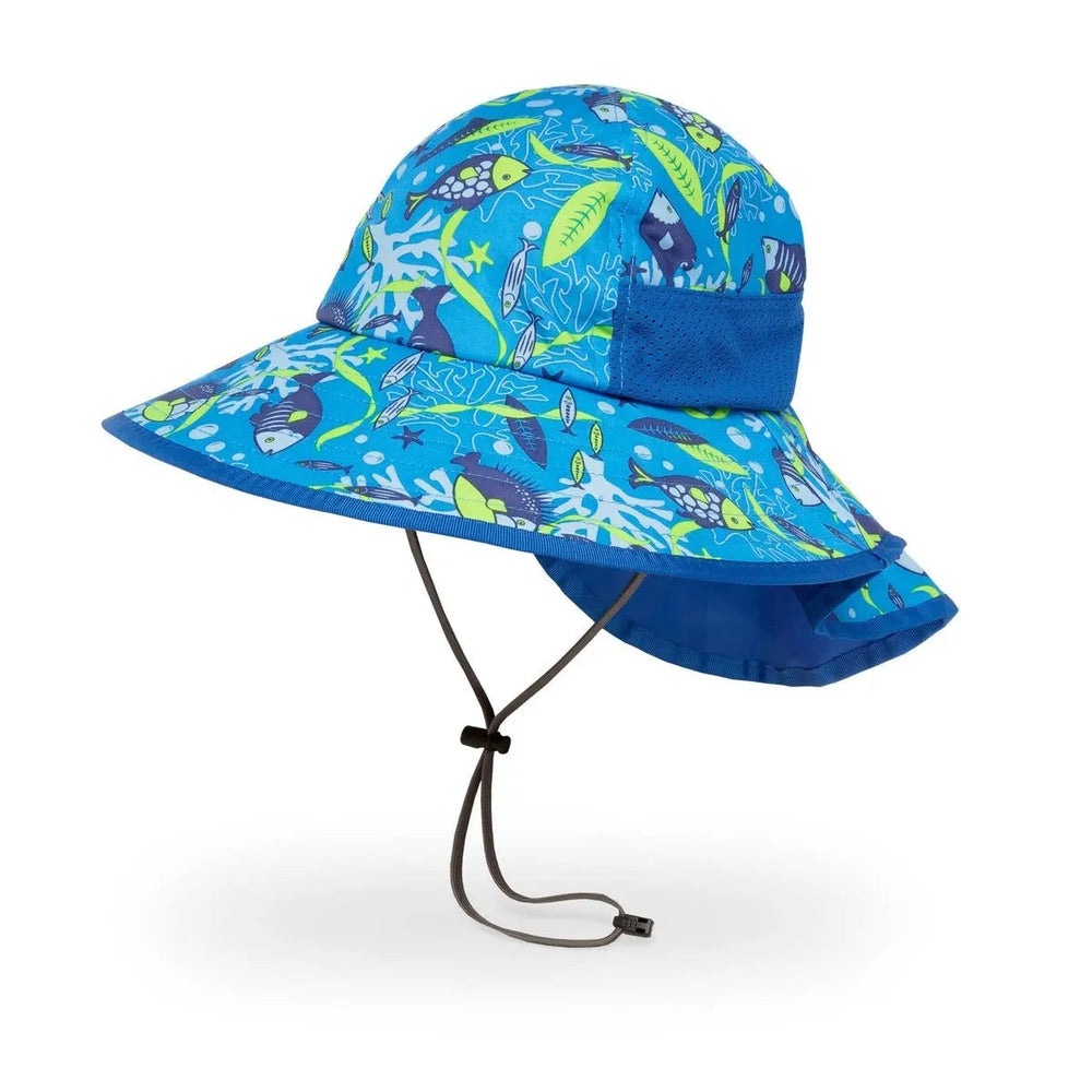 Sunday Afternoons Kids’ Play Hat, blue marine print with wide brim and adjustable chin cord.