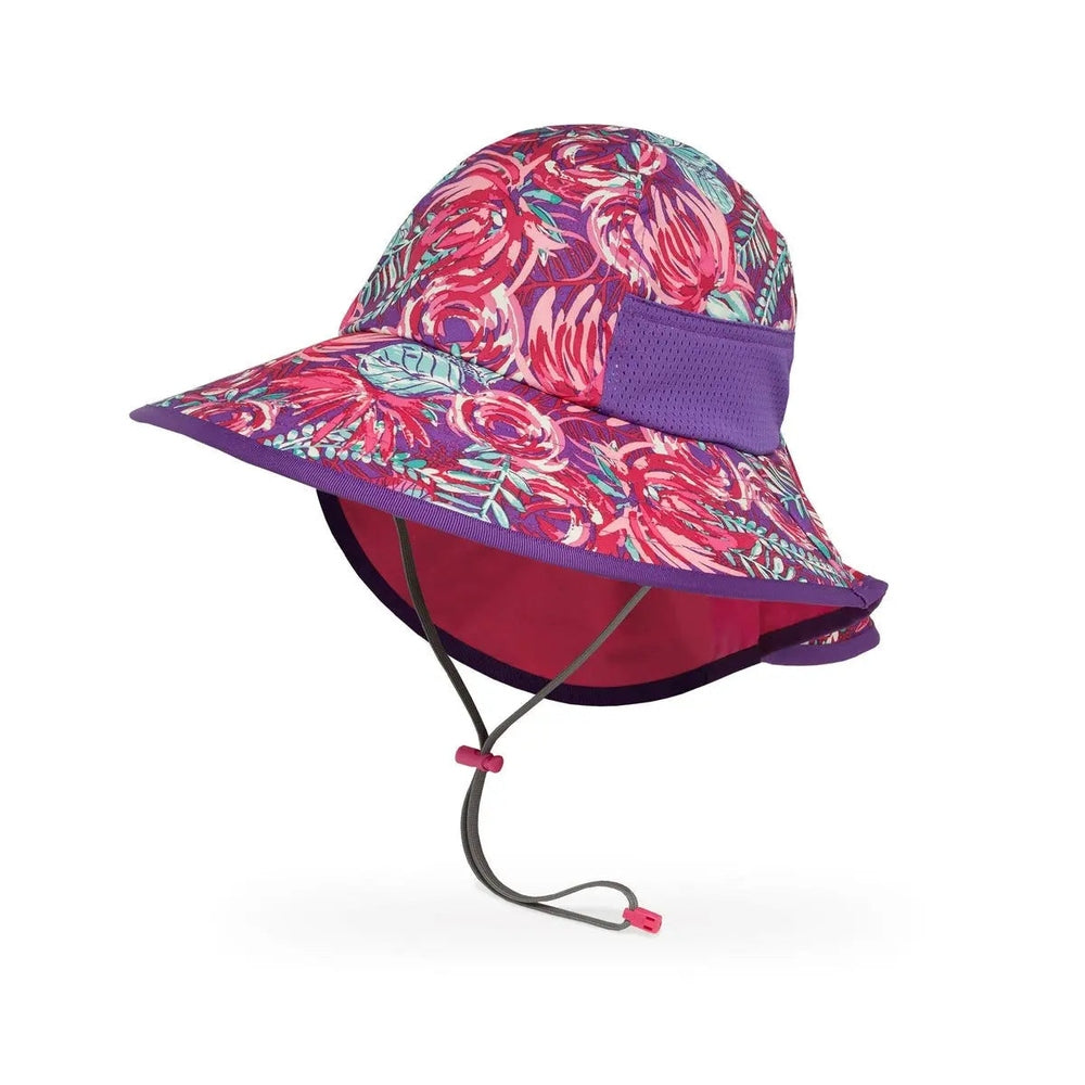 Sunday Afternoons Kids’ Play Hat in purple with pink floral print, wide brim, adjustable chin strap.