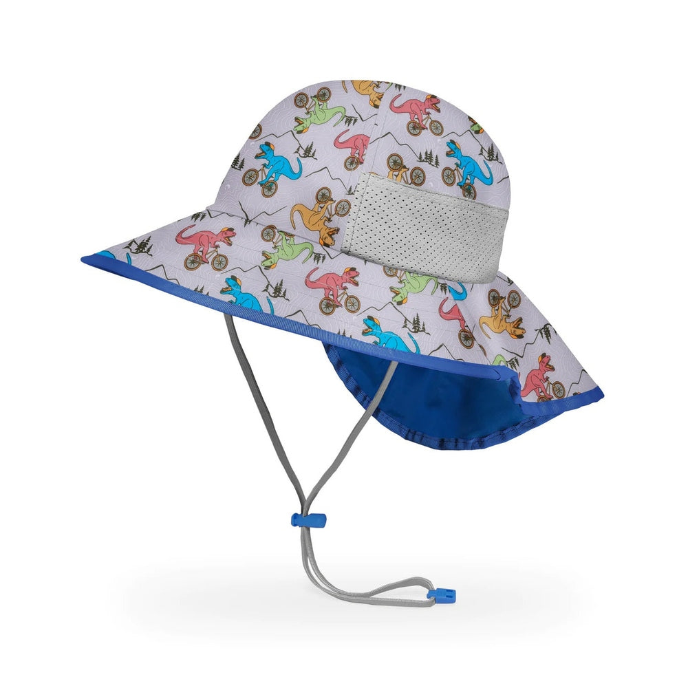 Sunday Afternoons Kids' Play Hat Dino Biker with blue brim and multicolor dinosaur print, gray adjustable chin cords.