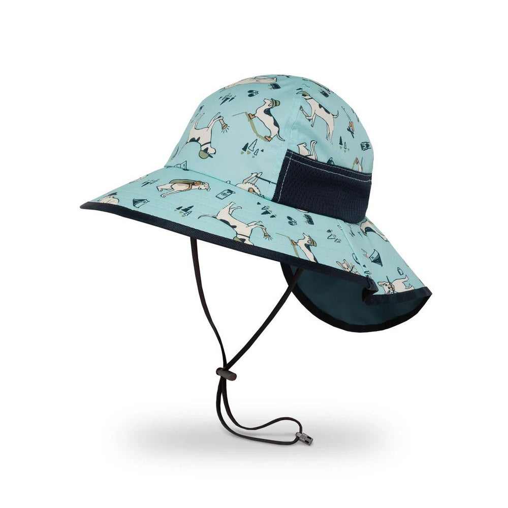 Sunday Afternoons kids sun hat Ruffin It; turquoise dog-pattern fabric, wide brim, adjustable chin strap