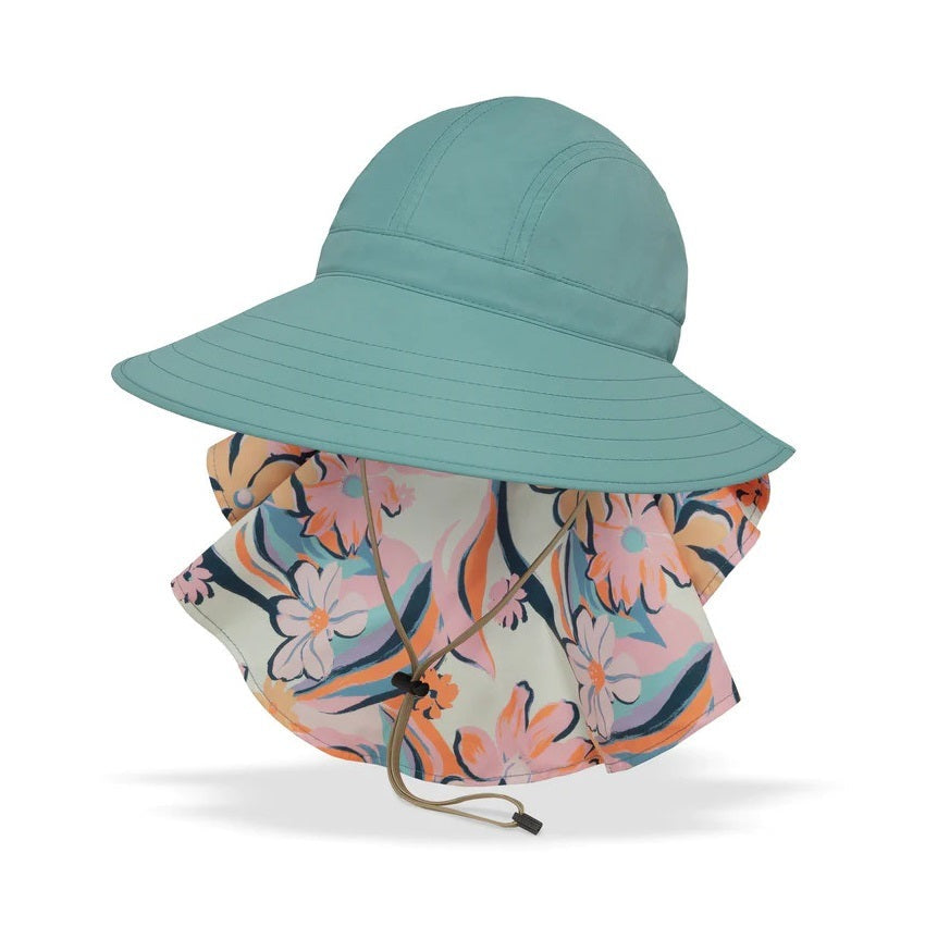 Sunday Afternoons Sundancer Hat Saltwater/Posy, teal wide-brim sun hat with floral scarf attachment