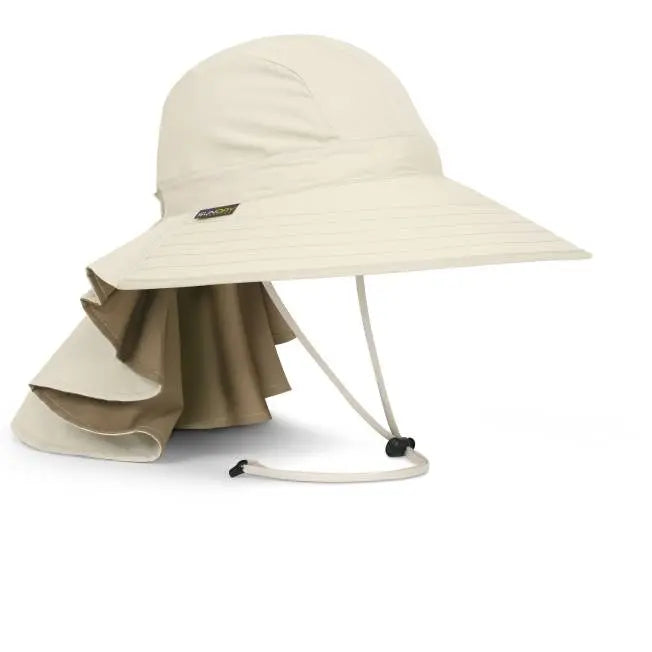 Sunday Afternoons Women's Sundancer Hat, cream wide-brim sun hat with neck flap and chin cord, shown with the cord hanging.