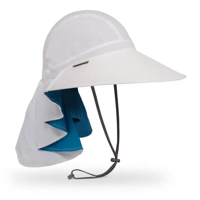 Sunday Afternoons Women's Sundancer Hat, white wide brim with blue neck flap and adjustable chin cord.