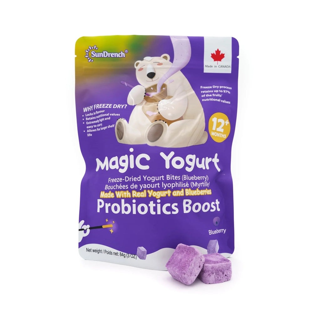 Sundrench Magic Yogurt Blueberry 84g pouch with freeze-dried yogurt bites for toddlers