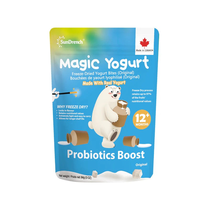 Sundrench Magic Yogurt Original 84g pouch with blue packaging, bear graphic, probiotics boost for 12+ months