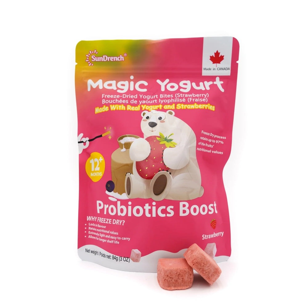 Sundrench Magic Yogurt Strawberry probiotic boost pouch, 84g, pink packaging for 12+ months