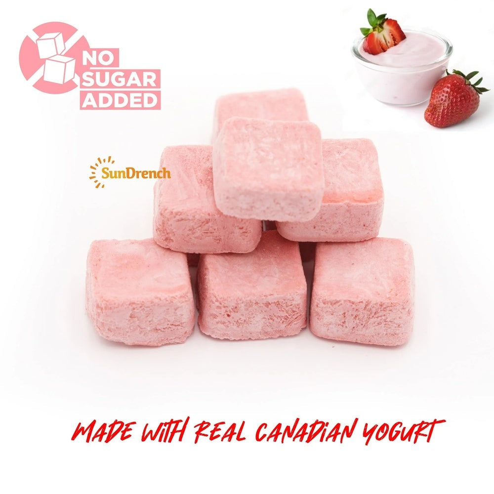 Sundrench Magic Yogurt Strawberry 84G cubes; six pink no-sugar-added strawberry yogurt bites