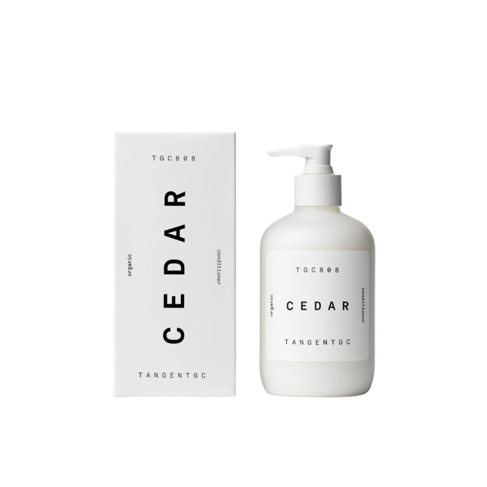 TangentGC Cedar Conditioner, 350 ml, white pump bottle beside its white box