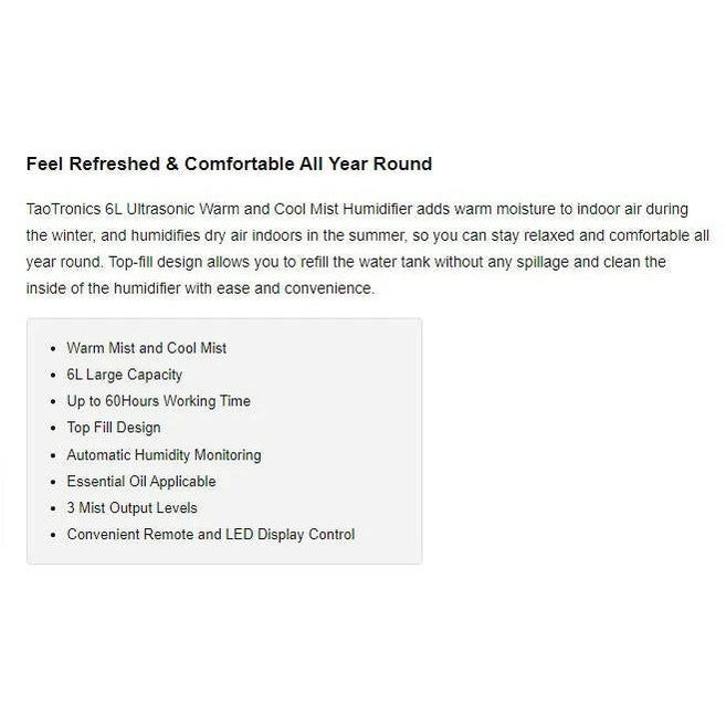 TAOTRONICS 6L Ultrasonic Humidifier with warm and cool mist shown on a product page highlighting 6L capacity.