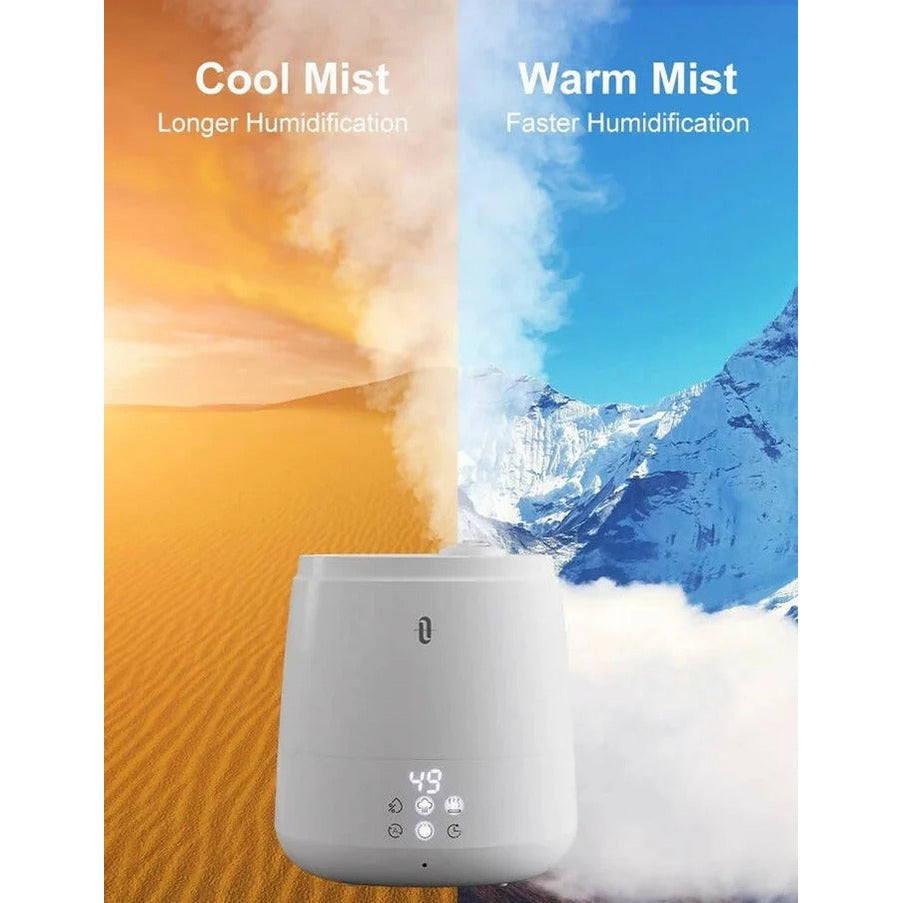 TAOTRONICS TaoTronics 6L Ultrasonic Humidifier, white unit with digital display, emitting cold and warm mist.