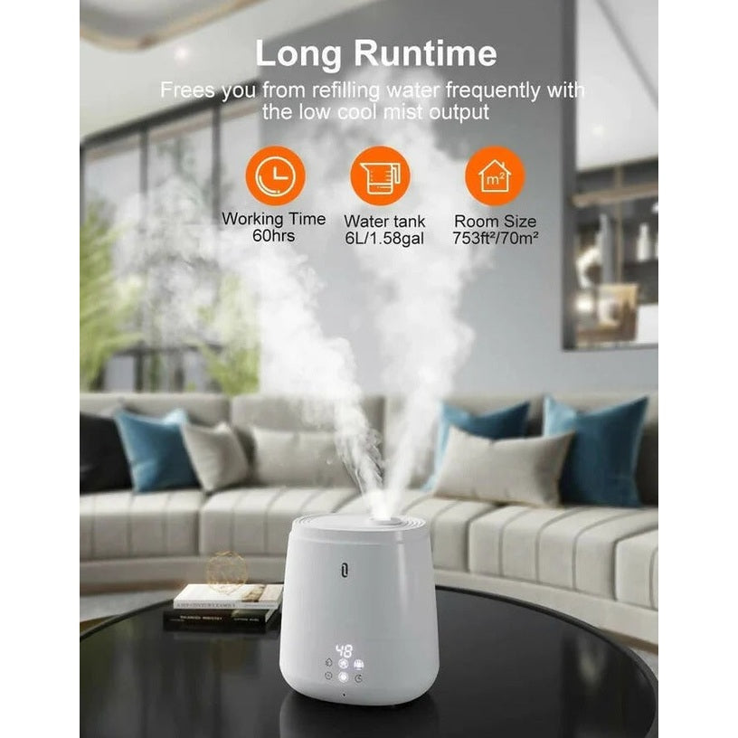 TaoTronics 6L Ultrasonic Humidifier in white releasing mist in a modern living room with digital controls.