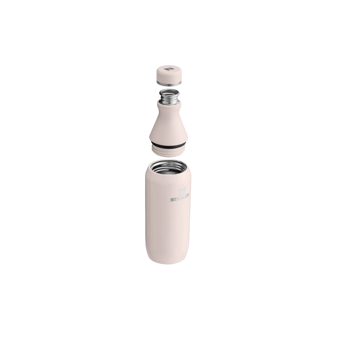 A pale pink vacuum-insulated bottle shown disassembled with its cap and neck separated, revealing a stainless steel interior, on a plain white background.