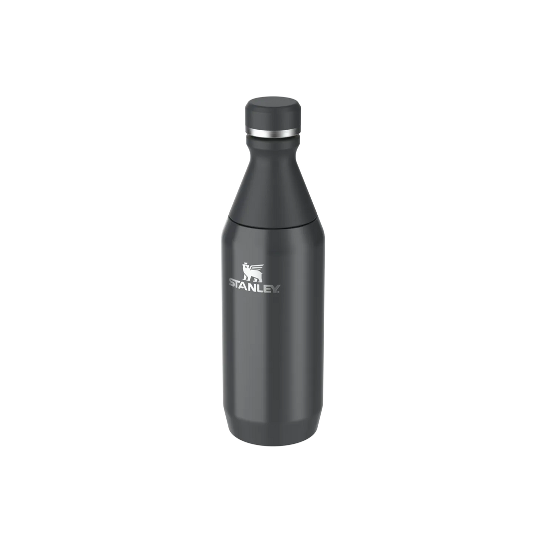 A dark gray Stanley vacuum-insulated bottle with a matching dark lid and a white logo on the front, set against a plain white background.