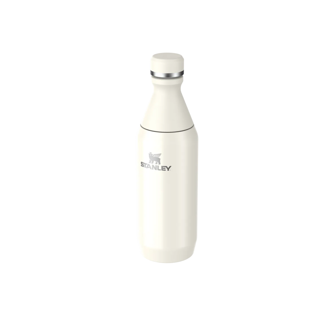 A Stanley vacuum-insulated bottle in an off-white finish with a matching off-white cap and a silver band near the neck, shown on a plain white background.