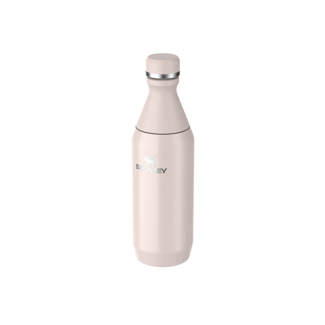 A light pink vacuum-insulated water bottle with a matching screw cap and a silver metallic band, shown on a plain white background. The brand name 'STONLEY' is printed on the front.