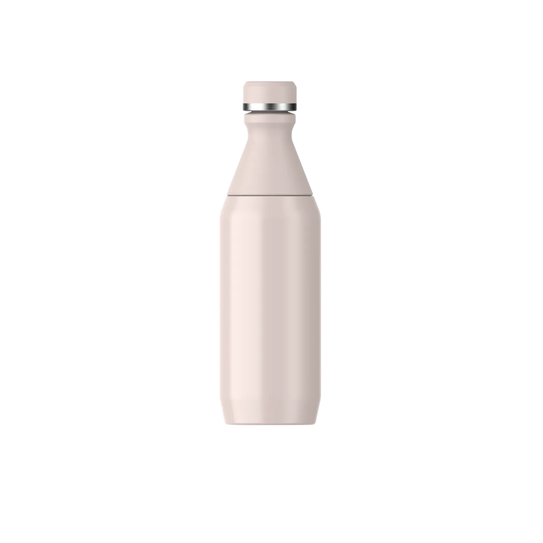 A minimalist matte pale pink water bottle with a matching screw-on lid and a thin silver metallic band, shown against a solid white background.