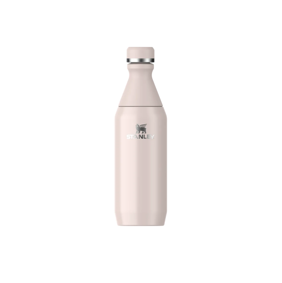 A light pink stainless steel water bottle with a silver cap and the Sanluva logo printed on the front, set against a plain white background.