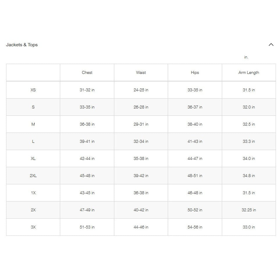 The North Face Women's Antora Rain Hoodie in size chart showing chest, waist, hips and arm length measurements for XS-3X.