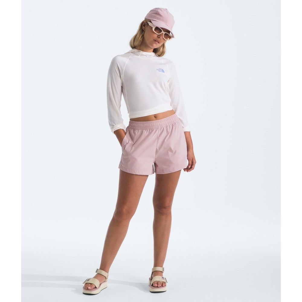 The North Face Women's Class V Pathfinder Pull-On Shorts 3 Inch Metal Pink angled front view