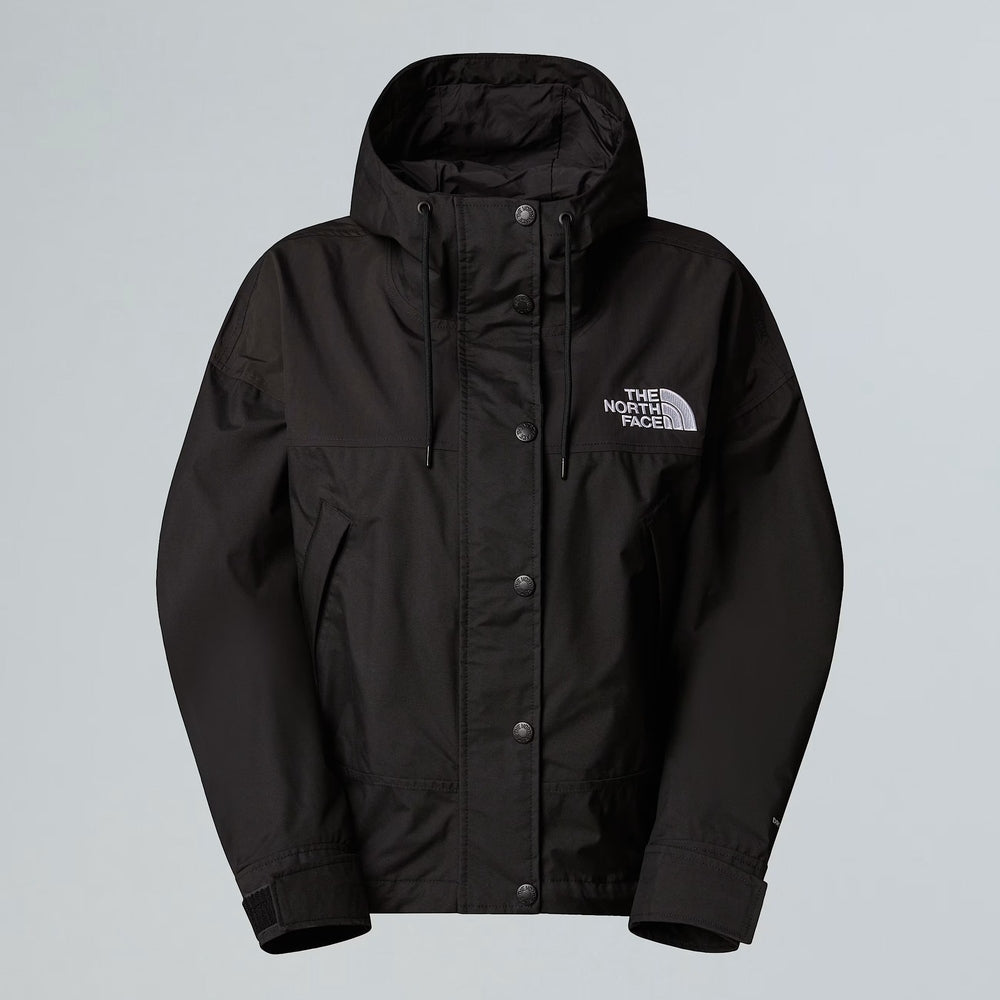 The North Face Women's Reign On Jacket, black hooded raincoat with logo badge on chest