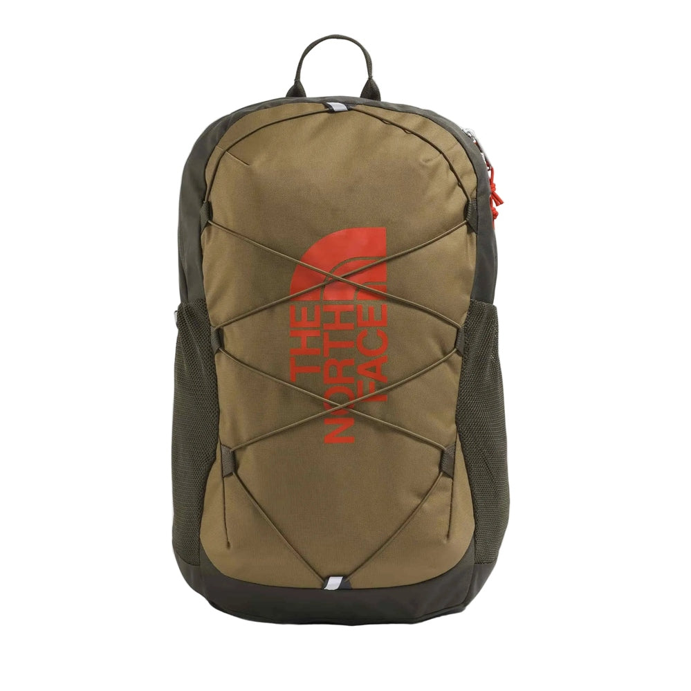 The North Face Youth Court Jester Backpack in Tan with dark gray sides, red vertical logo, and front bungee.