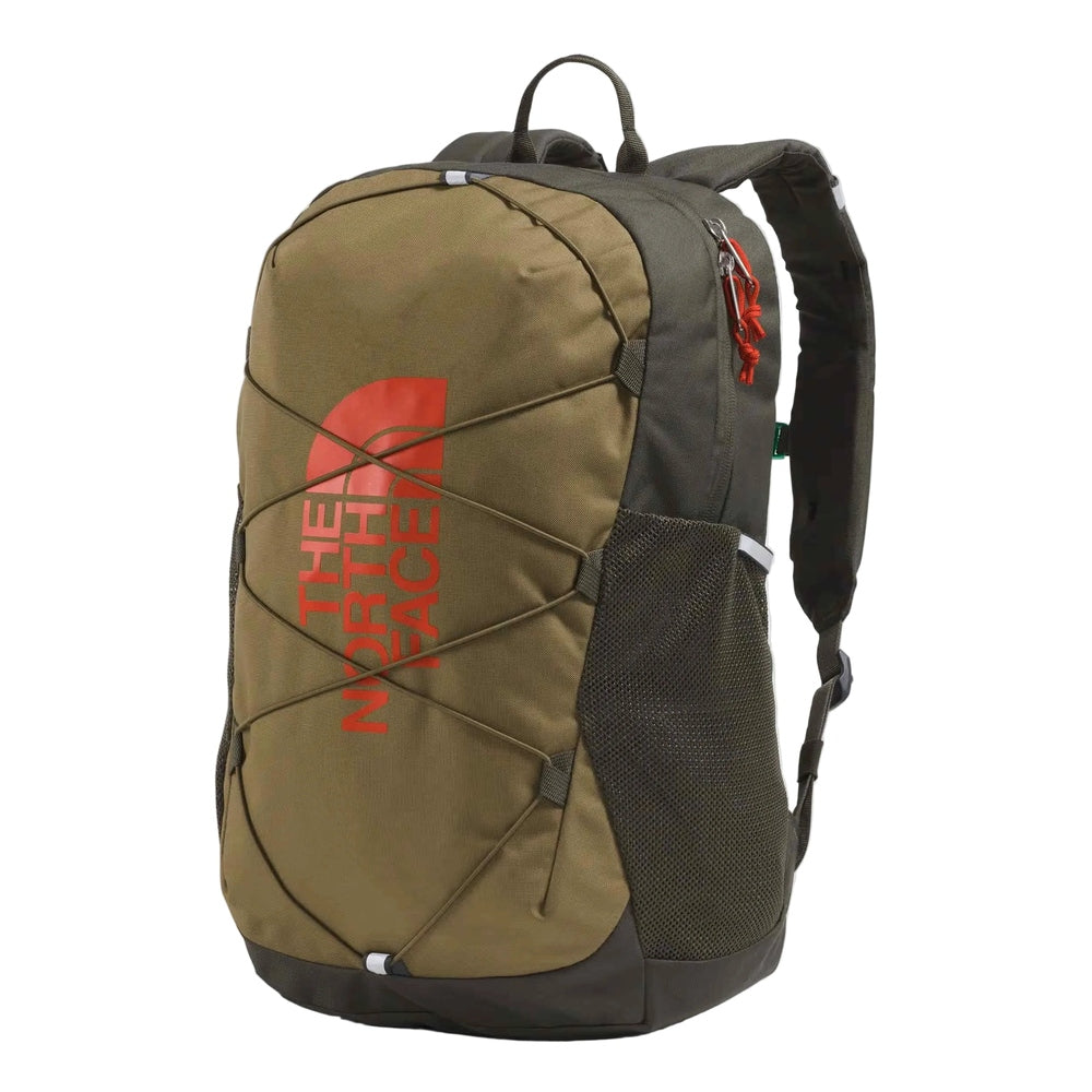 The North Face Youth Court Jester Backpack in Olive Green with front bungee cord and side mesh pocket.