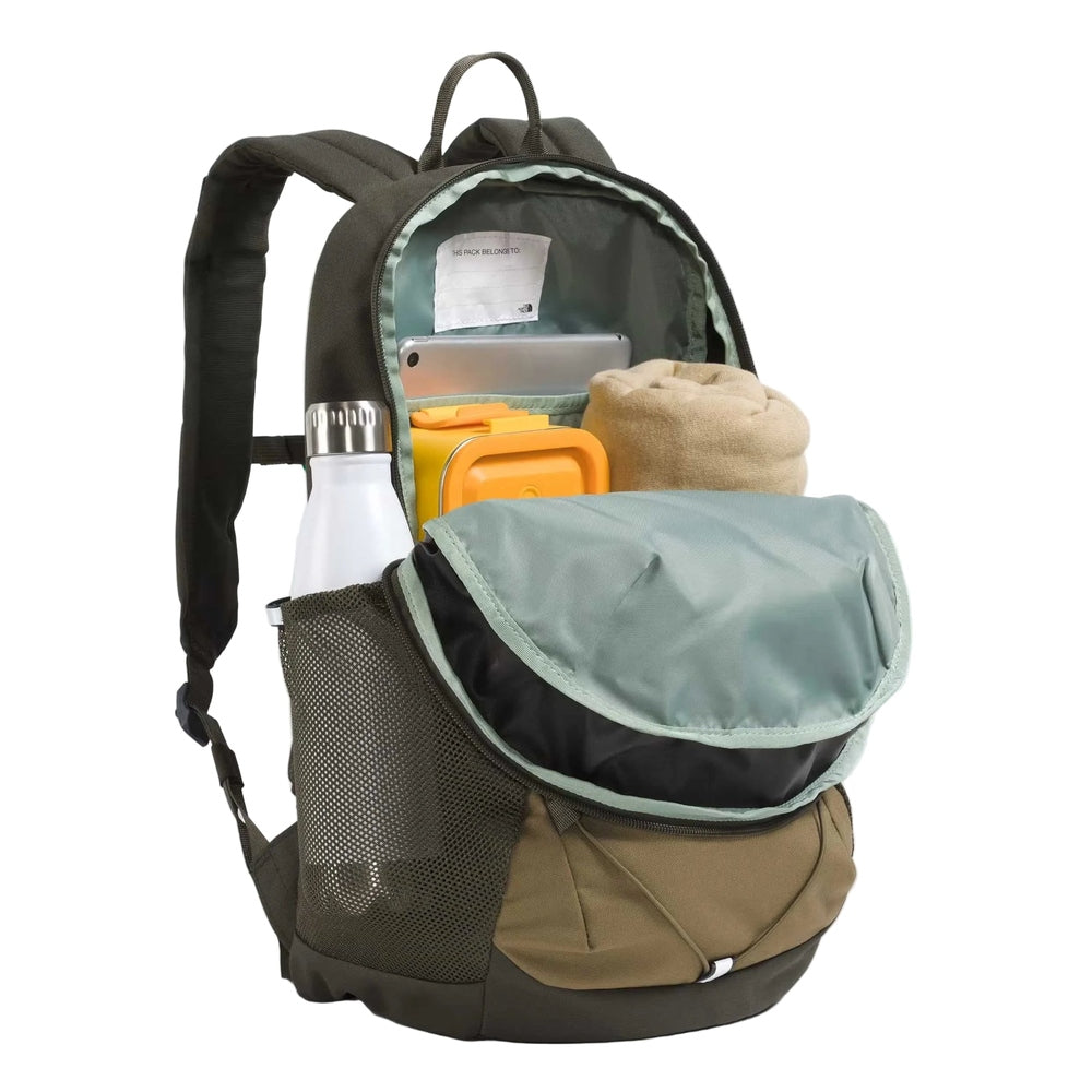 The North Face Youth Court Jester Backpack in Olive Green with tan bottom and mint interior.