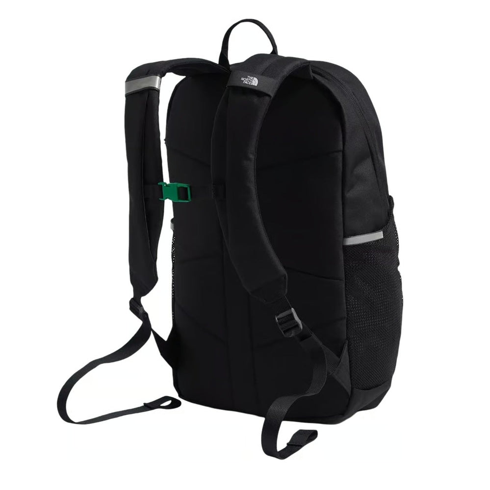 The North Face Youth Court Jester Backpack in Black with green sternum strap and side mesh pocket