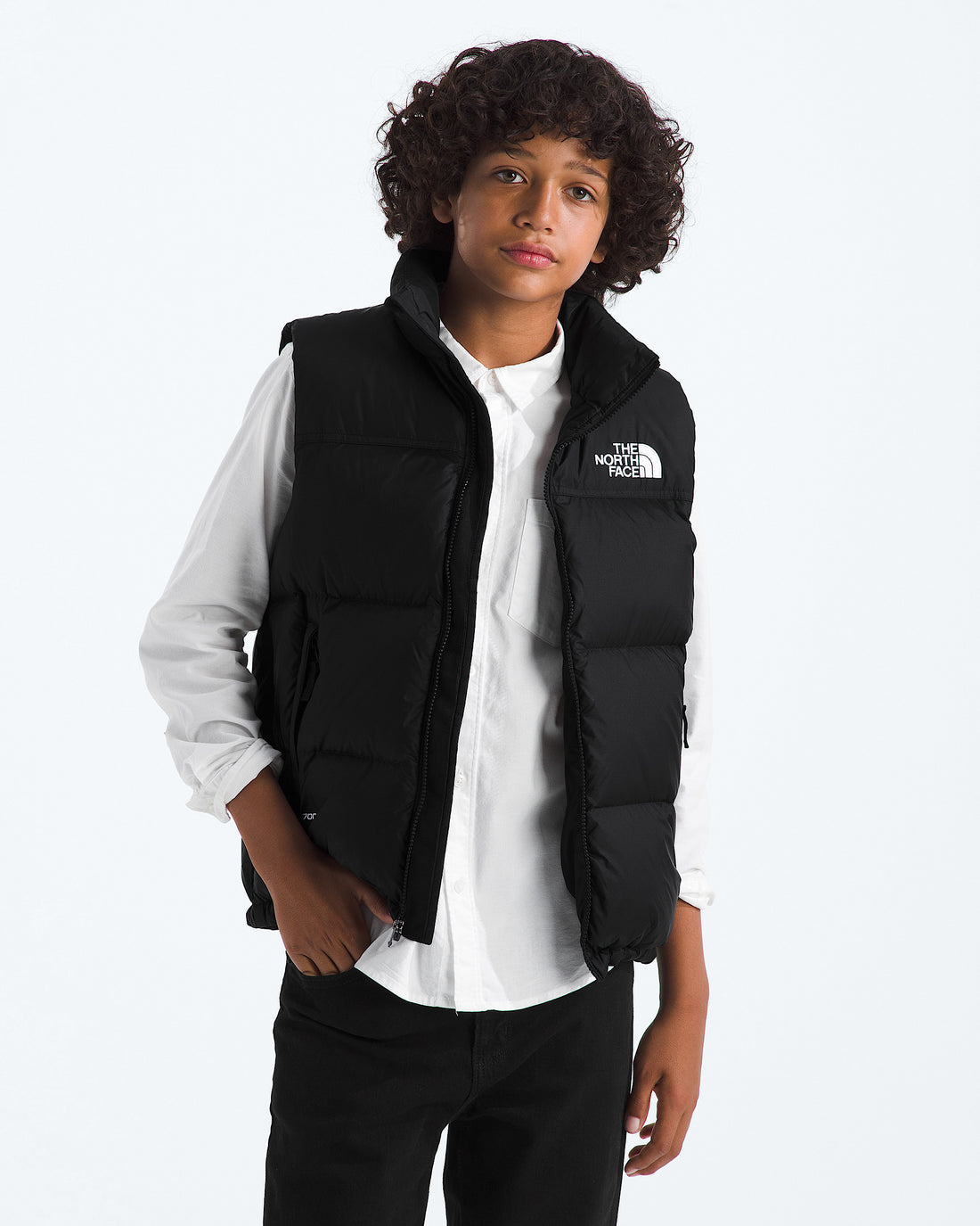 The North Face kids’ 1996 Retro Nuptse Vest in TNF Black / Recycled Down, front view