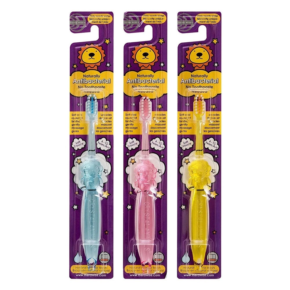Thera Wise Children’s Antibacterial Toothbrush 5–12 Yr; three-pack in blue, pink, yellow with lion mascot on purple packaging.