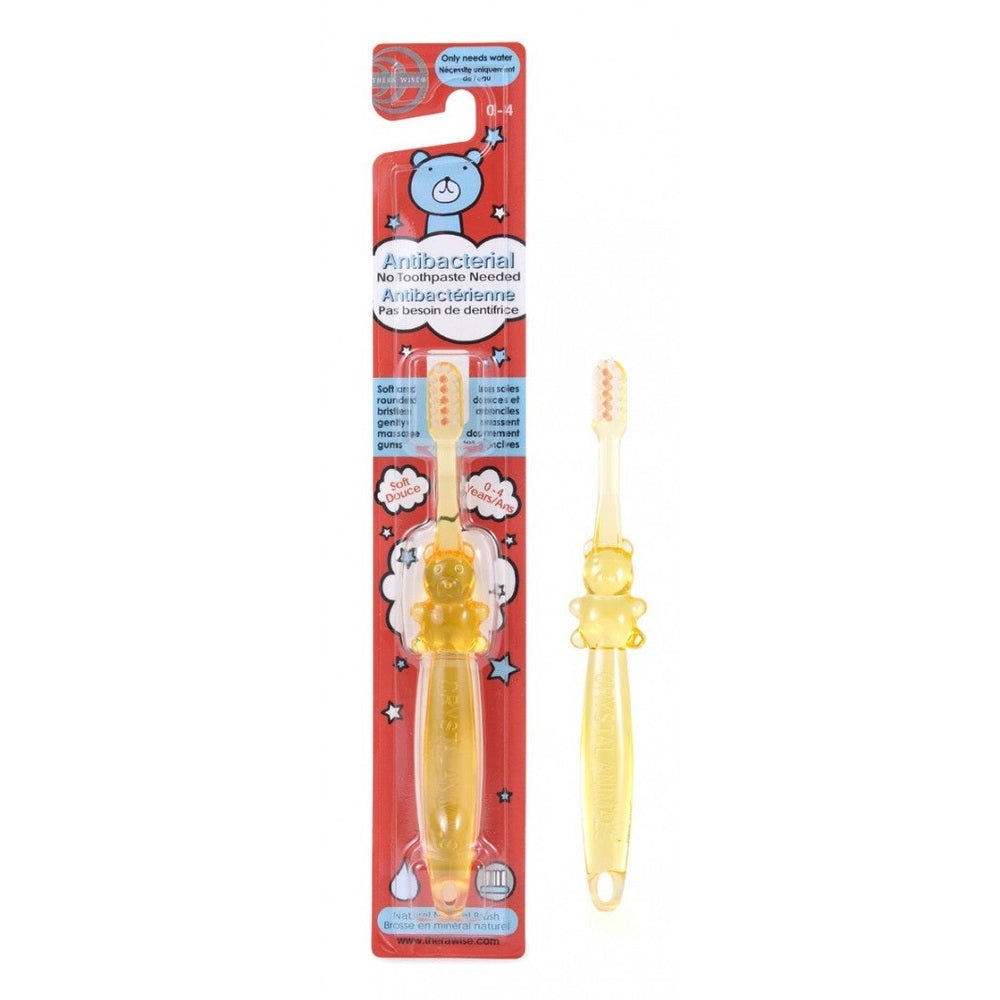 Thera Wise Crystal Animals Antibacterial Toothbrush 0–6Y, yellow bear handle, packaged with soft bristles visible.