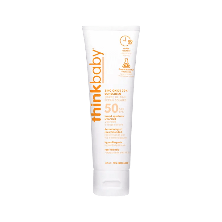 Think Baby Mineral Based Sunscreen SPF50 tube with orange branding, standing upright to show 80 min water resistance.