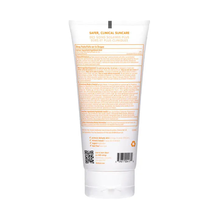 Think Baby Mineral Based Sunscreen SPF50 tube, white with orange label, standing upright with back label visible.