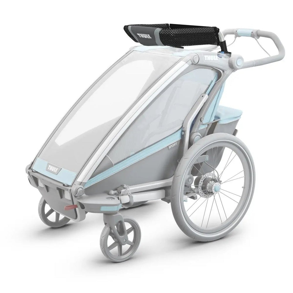 Thule Cargo Rack attached to a gray stroller with blue accents; shows rack securely strapped for extra storage.